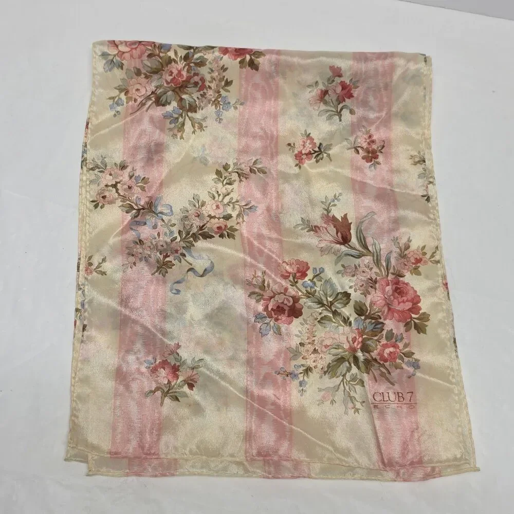 Silk Scarf Bundle Of 2 Floral Straped Scarves Cream Hot Pink By ECHO And Honey